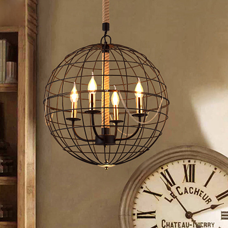 Candle salon pendentif lustre traditionnel métal 3/4 lumières noire suspendus avec cage globe