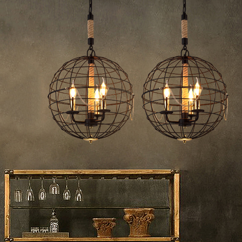Candle salon pendentif lustre traditionnel métal 3/4 lumières noire suspendus avec cage globe