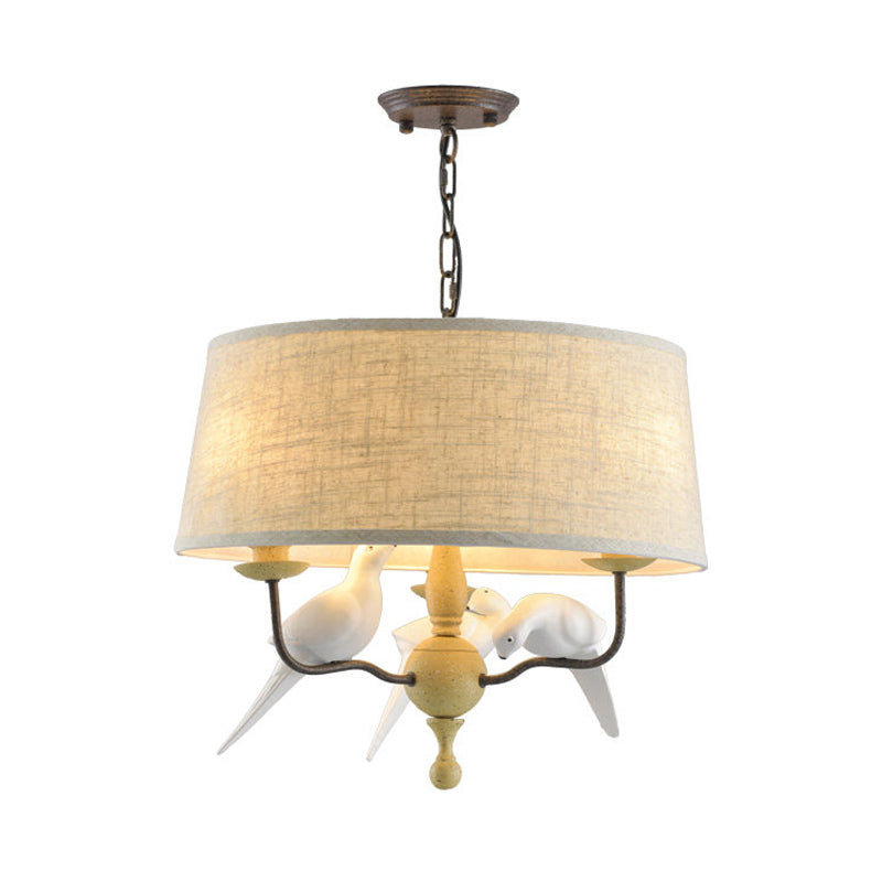 3 lumières lustre de tambour Light Vintage White tissu suspendu plafond avec oiseau