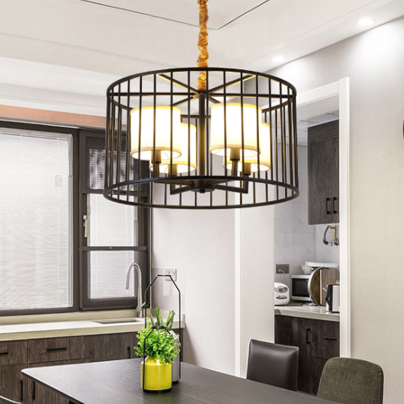Cilindro soggiorno lampadario a pendente lampadario classico metallo a 4 luci dispositivo appeso nero con tonalità in tessuto