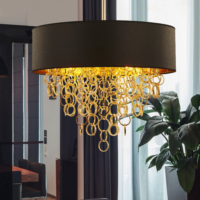 Cylinder Fabric Chandelier Lighting Vintage 3 Lights Living Room Pendant Lighting in Black with Gold Ring, 18"/23.5" Wide