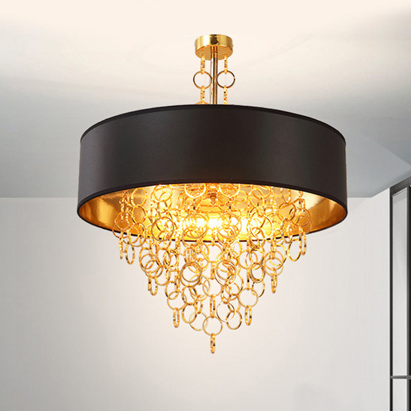 Cylinder Fabric Chandelier Lighting Vintage 3 Lights Living Room Pendant Lighting in Black with Gold Ring, 18"/23.5" Wide