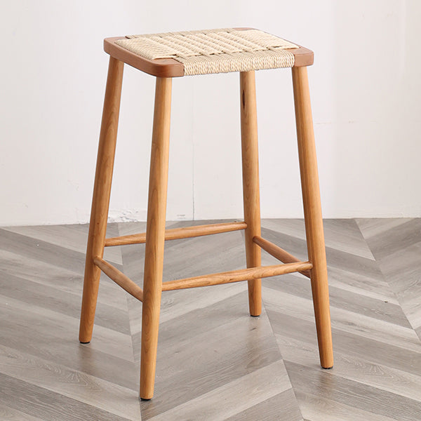 Modern Armless Backless Counter Stool Wood Bedroom Bar Stool with Rattan Cushion