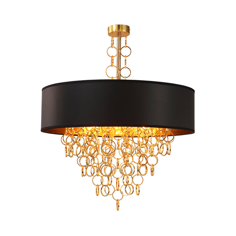 Cylinder Fabric Chandelier Lighting Vintage 3 Lights Living Room Pendant Lighting in Black with Gold Ring, 18"/23.5" Wide