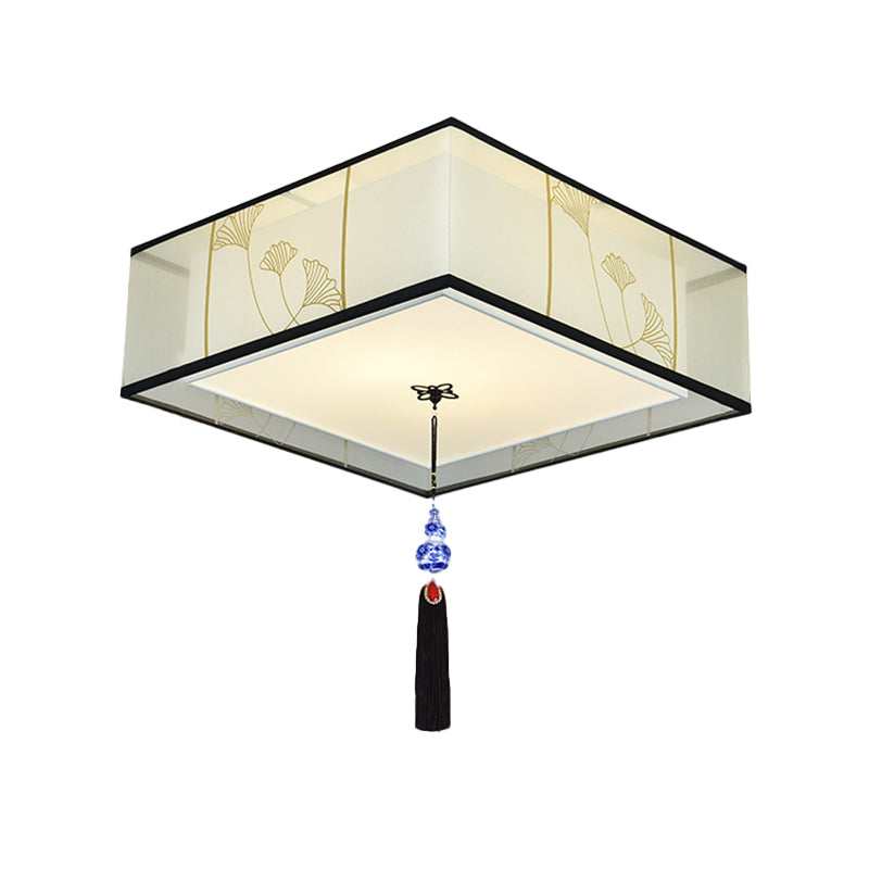 New Chinese Ceiling Light Geometry Shape Ceiling Lamp with Fabric Shade for Bedroom