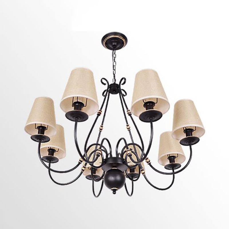 Flaxen 8 Lights Chandelier Light Fixture Traditional Fabric Cone Pendant Lamp with Scrolled Arm
