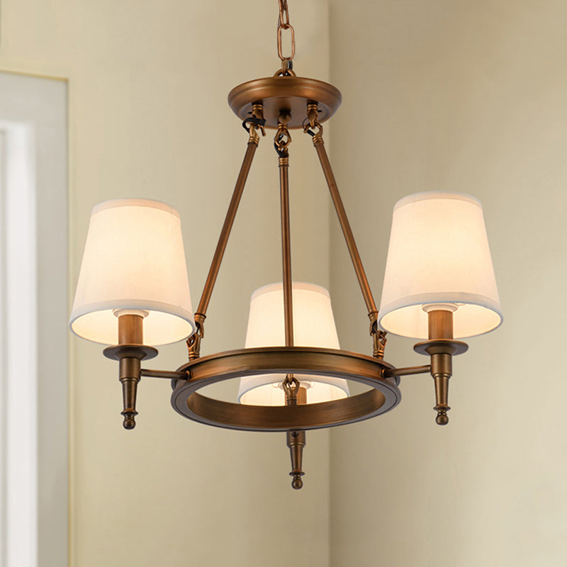 Conical Living Room Ceiling Chandelier Classic Fabric 3/6/8 Lights Antique Brass Hanging Fixture