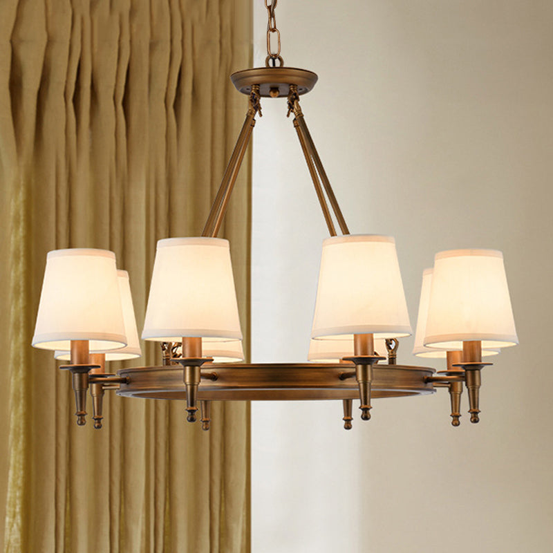 Conical Living Room Ceiling Chandelier Classic Fabric 3/6/8 Lights Antique Brass Hanging Fixture
