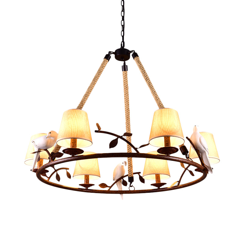 Beige 6 Lights Chandelier Light Fixture Traditional Fabric Wagon Wheel Pendant Lamp with Cone Shade