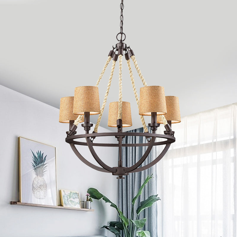 5/6 Lights Ceiling Light Traditional Tapered Fabric Hanging Chandelier in Beige for Dining Room