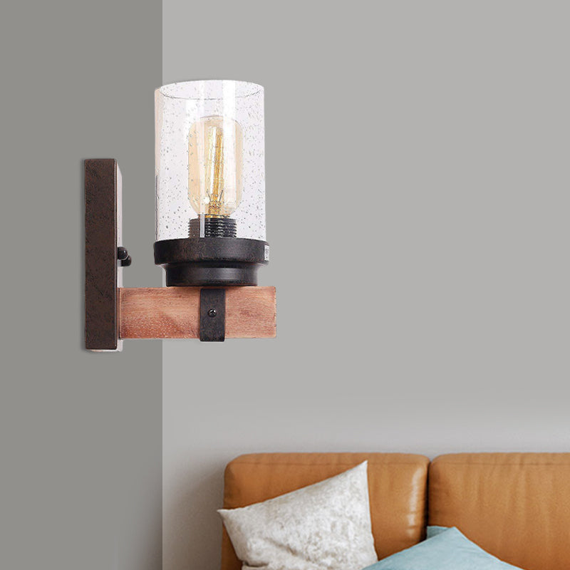 1/2/3 Light Wall Vanity Light with Cylinder Clear Seeded Glass Shade Classic Bathroom Sconce Lighting Fixture in Black