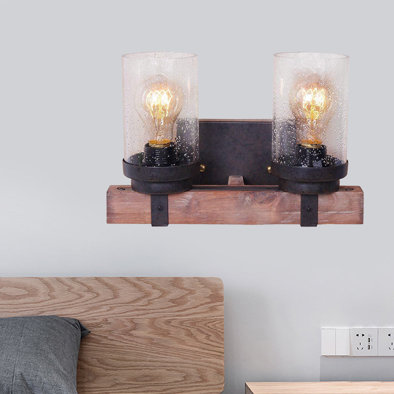 1/2/3 Light Wall Vanity Light with Cylinder Clear Seeded Glass Shade Classic Bathroom Sconce Lighting Fixture in Black