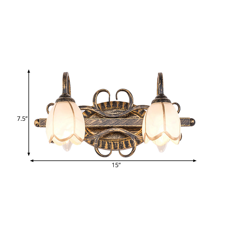 2/3 Lights Frosted Glass Vanity Light Fixture Traditional Antique Brass Flower Shape Bathroom Lighting Fixture