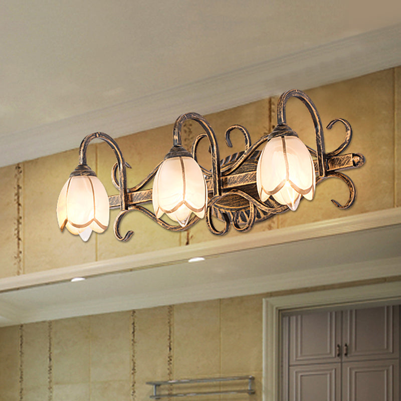 2/3 Lights Frosted Glass Vanity Light Fixture Traditional Antique Brass Flower Shape Bathroom Lighting Fixture