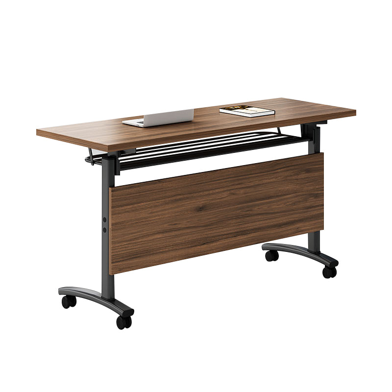 Modern Folding Office Desk Brown Movable Task Desk with Wheels for Meeting Room