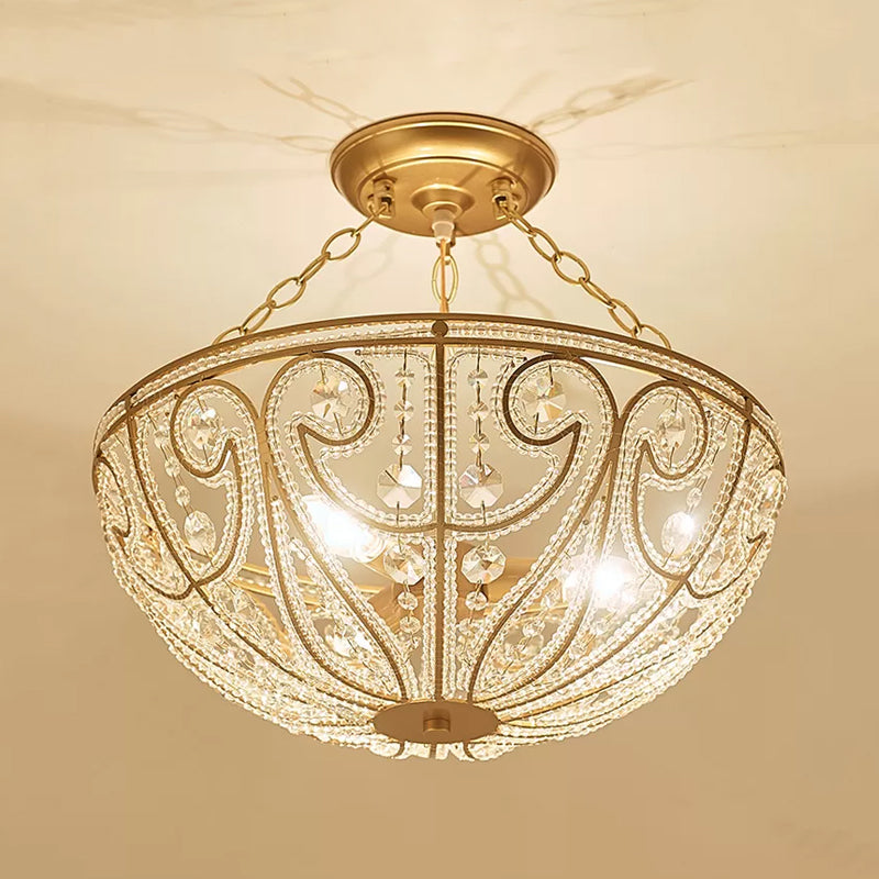Bowl Shape Bedroom Flush Mount Lamp Crystal 1 Light Contemporary Semi Mount Lighting in Gold