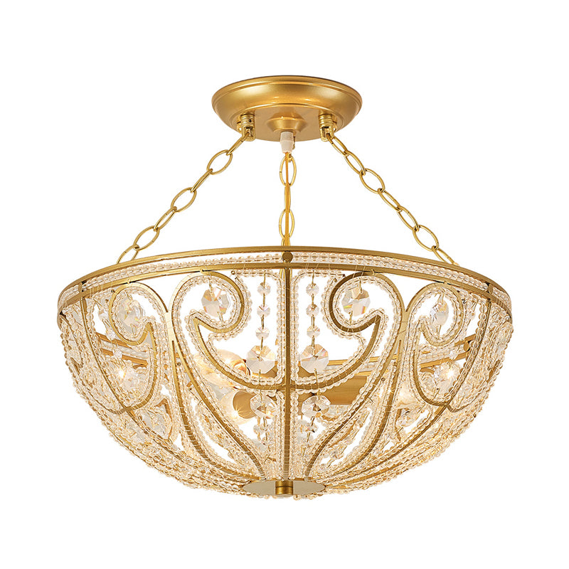 Bowl Shape Bedroom Flush Mount Lamp Crystal 1 Light Contemporary Semi Mount Lighting in Gold