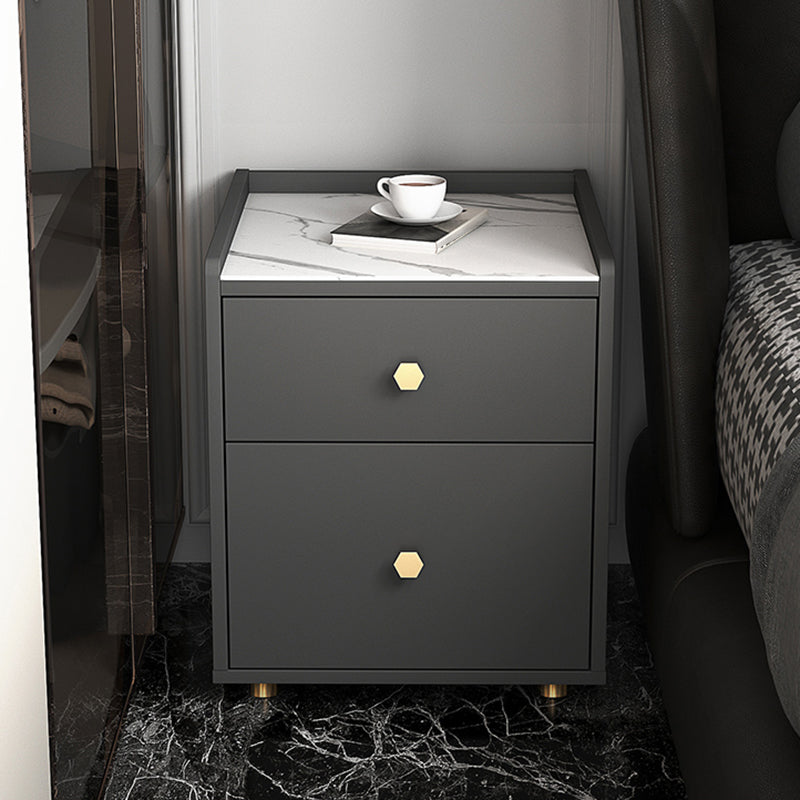 Glam Stone Top Bed Nightstand 2-Drawer Imitation Wood Legs Included Night Table