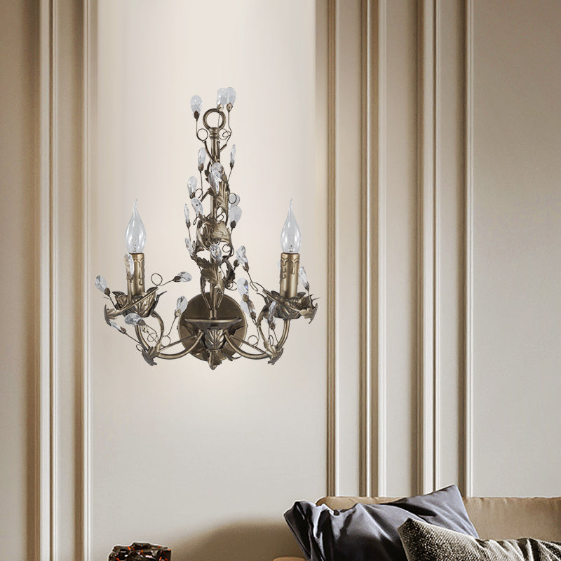 Metal Rust Wall Light Fixture Candelabra 2 Lights Vintage Sconce Light with Crystal Accent