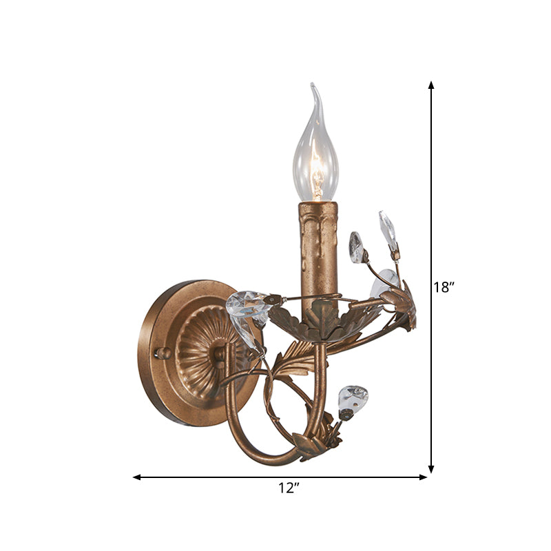 Vintage Candle Wall Sconce Light 1 Light Brass Metal Wall Mount Light with Crystal Accent