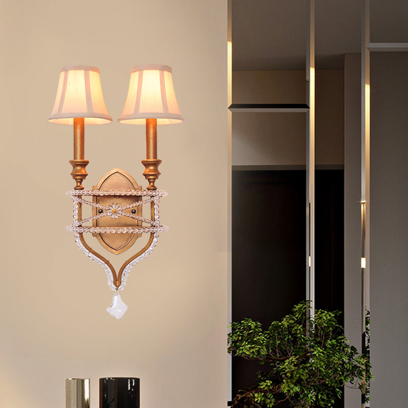 2 Lights Empire Shade Wall Light Vintage Gold/Silver Fabric Sconce Light with Crystal Accent