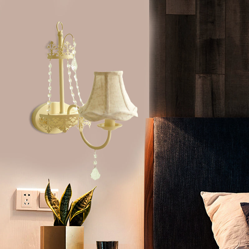 White 1 Light Wall Mount Light Vintage Crystal Strand Curved Arm Sconce Light with Shade/Shadeless