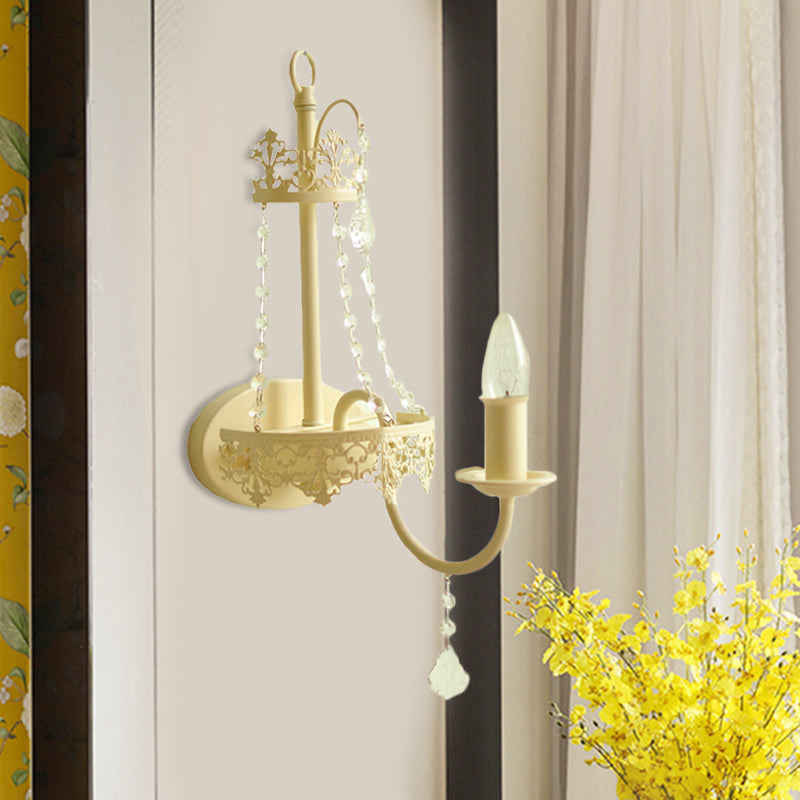 White 1 Light Wall Mount Light Vintage Crystal Strand Curved Arm Sconce Light with Shade/Shadeless