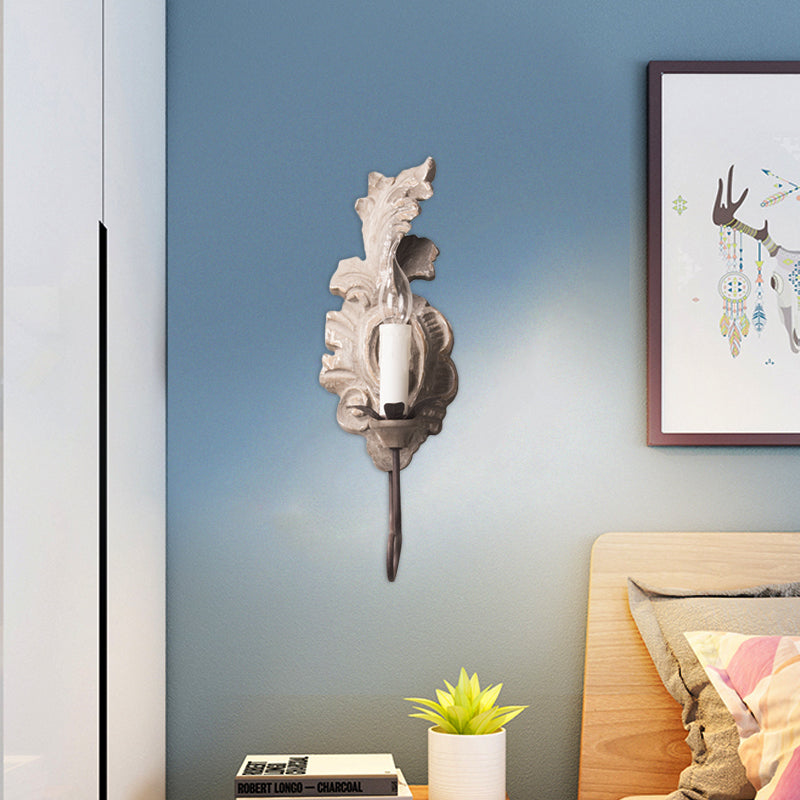 1 Light Candle Wall Light Fixture Vintage Grey Wood Sconce Light with Flame Backplate