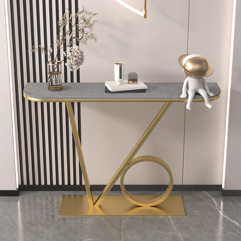 Iron Pedestal Base Accent Table with Half Moon Stone Top for Hall