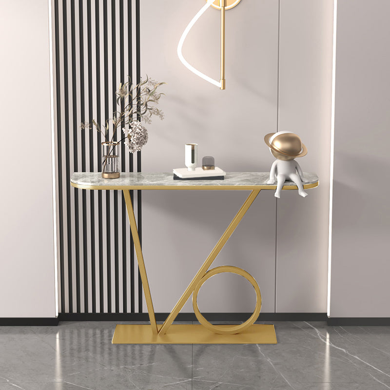 Iron Pedestal Base Accent Table with Half Moon Stone Top for Hall