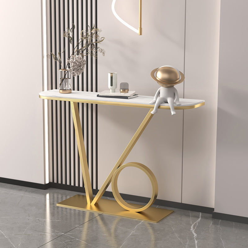 Iron Pedestal Base Accent Table with Half Moon Stone Top for Hall