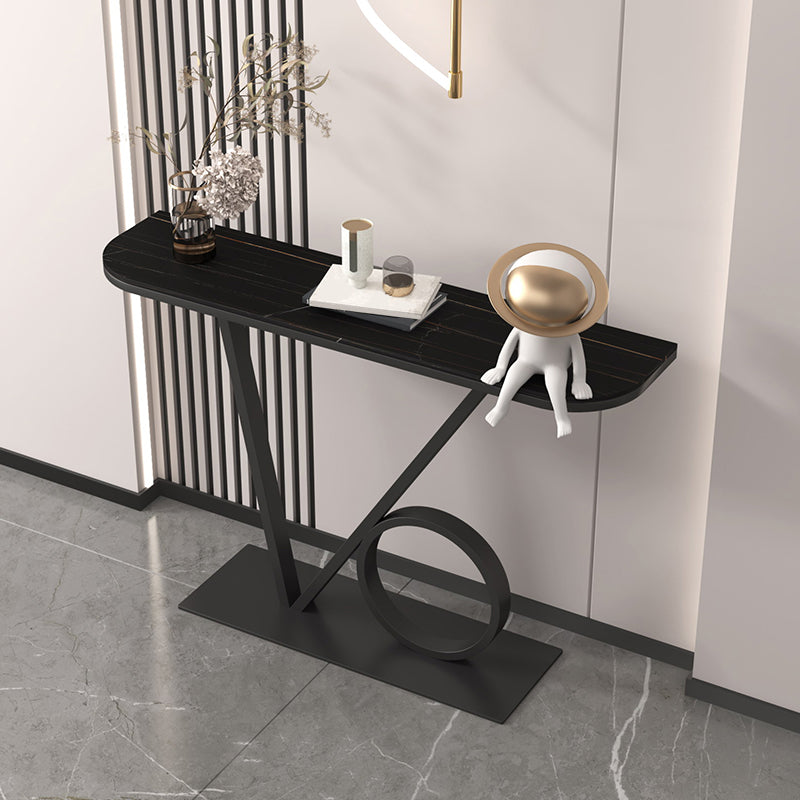 Iron Pedestal Base Accent Table with Half Moon Stone Top for Hall