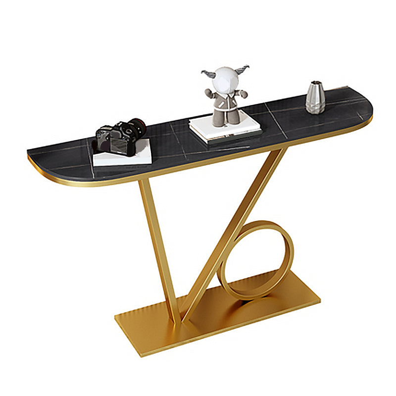 Iron Pedestal Base Accent Table with Half Moon Stone Top for Hall