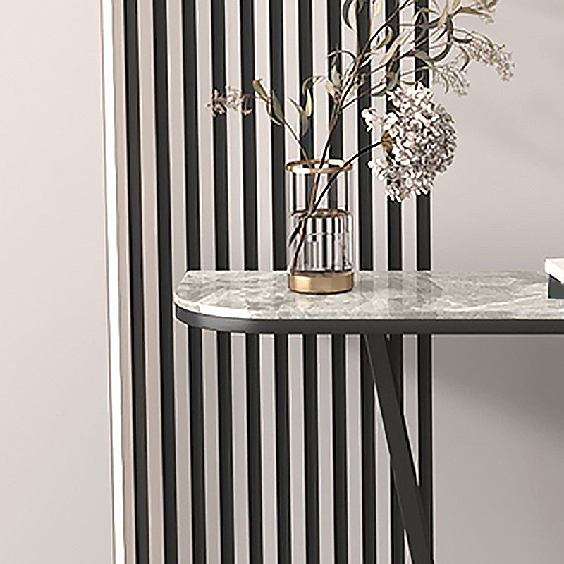 Iron Pedestal Base Accent Table with Half Moon Stone Top for Hall