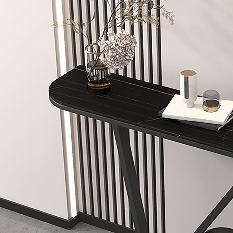 Iron Pedestal Base Accent Table with Half Moon Stone Top for Hall