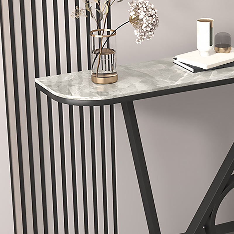 Iron Pedestal Base Accent Table with Half Moon Stone Top for Hall