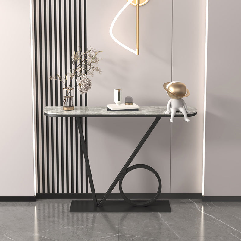 Iron Pedestal Base Accent Table with Half Moon Stone Top for Hall