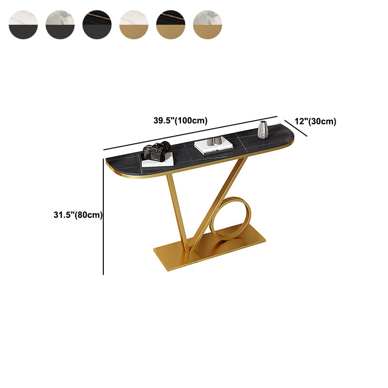 Iron Pedestal Base Accent Table with Half Moon Stone Top for Hall