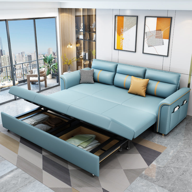 Square Arm Contemporary Convertible Faux Leather Bed Settee with Pillows