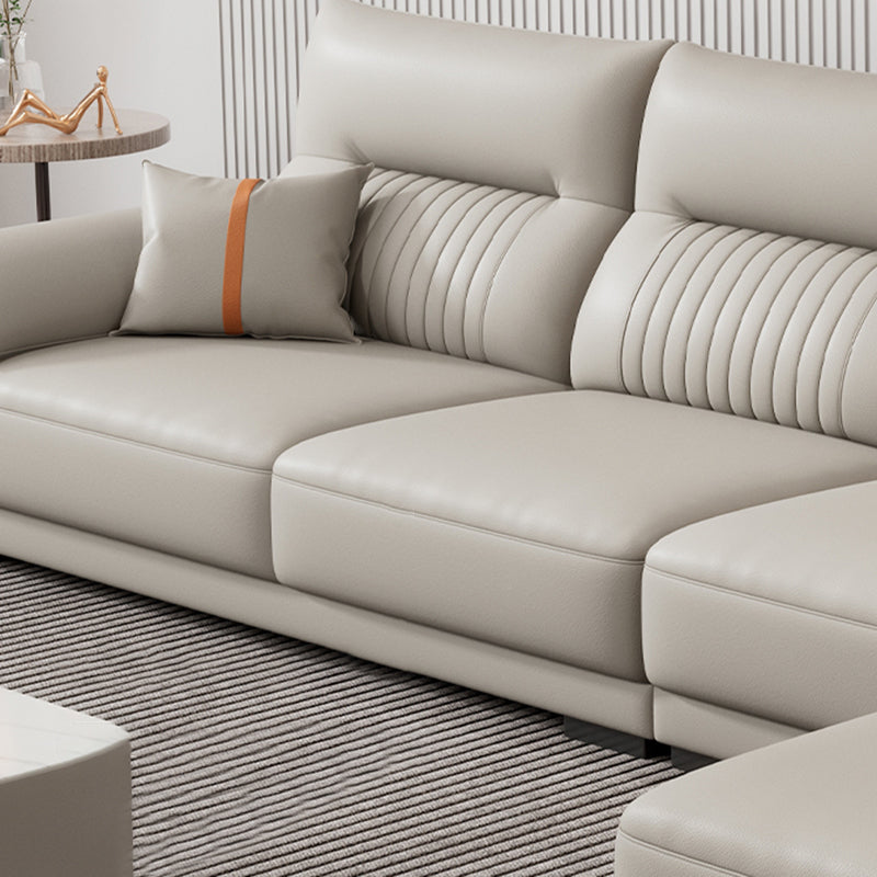 Contemporary Cream Stationary Grain Leather Square Arm Sofa & Chaise