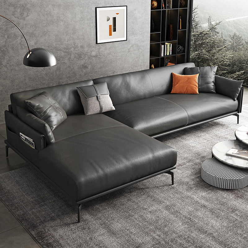 Scandinavian Dark Gray Stain-Resistant Storage Grain Leather Sofa & Chaise