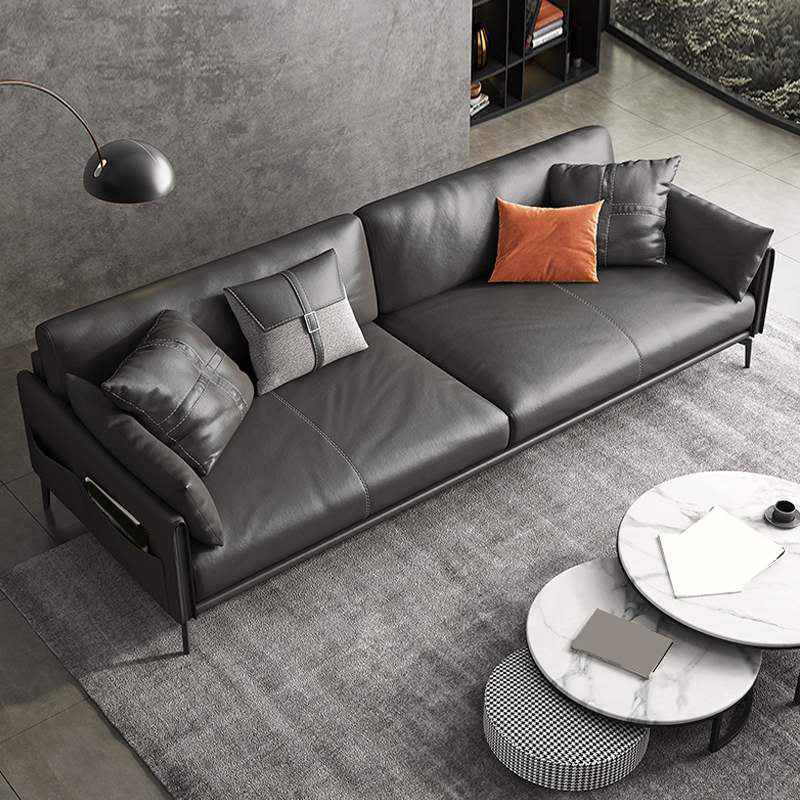 Scandinavian Dark Gray Stain-Resistant Storage Grain Leather Sofa & Chaise