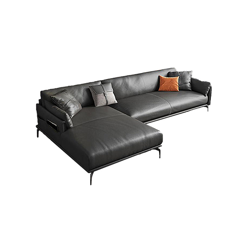 Scandinavian Dark Gray Stain-Resistant Storage Grain Leather Sofa & Chaise
