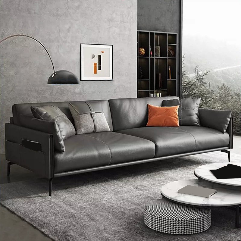 Scandinavian Dark Gray Stain-Resistant Storage Grain Leather Sofa & Chaise