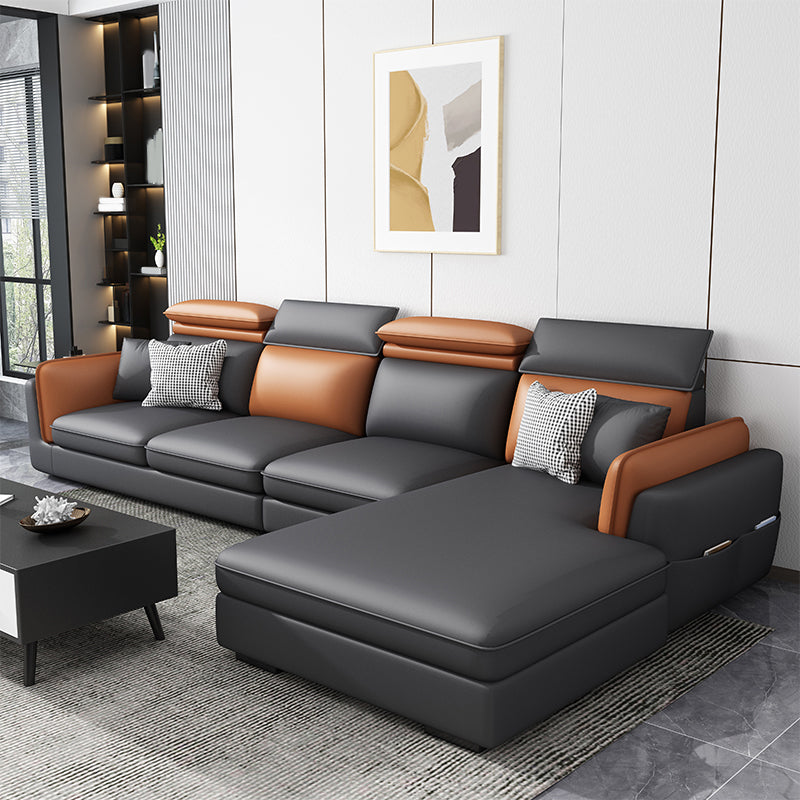 Scandinavian Dark Gray Cushion Back Faux Leather Storage Sofa & Chaise