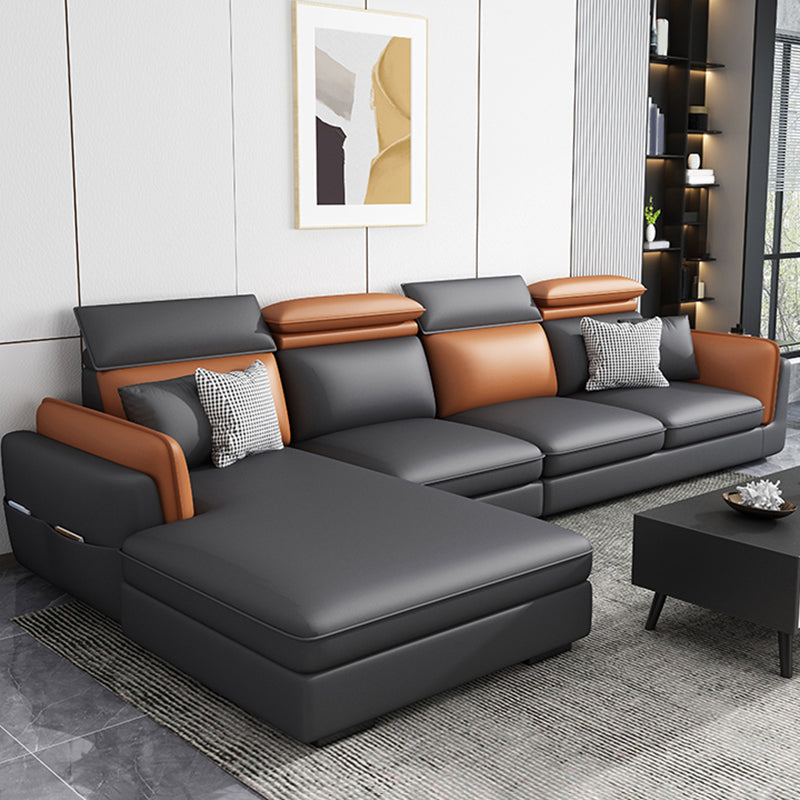 Scandinavian Dark Gray Cushion Back Faux Leather Storage Sofa & Chaise