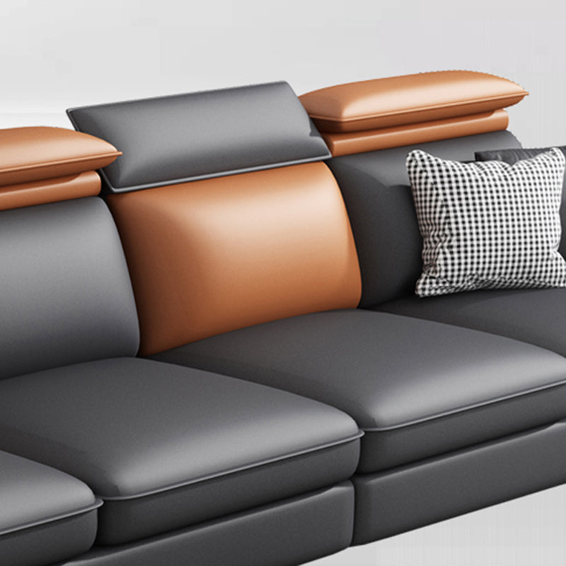 Scandinavian Dark Gray Cushion Back Faux Leather Storage Sofa & Chaise