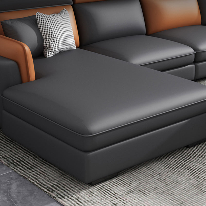 Scandinavian Dark Gray Cushion Back Faux Leather Storage Sofa & Chaise