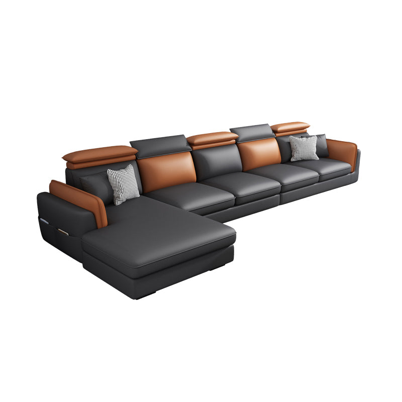 Scandinavian Dark Gray Cushion Back Faux Leather Storage Sofa & Chaise