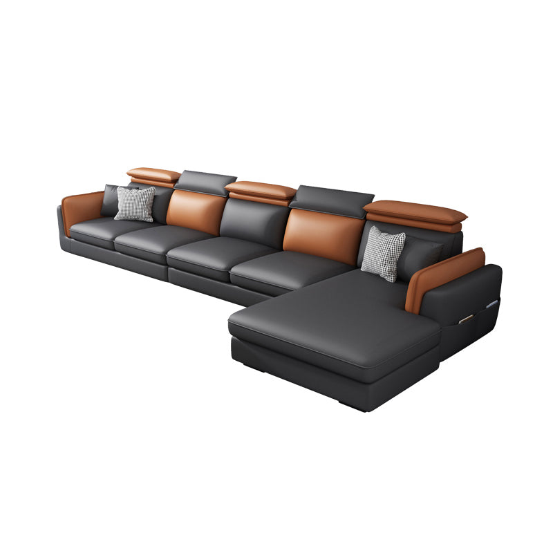 Scandinavian Dark Gray Cushion Back Faux Leather Storage Sofa & Chaise